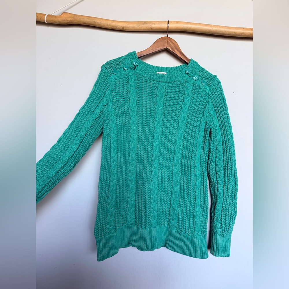 LL Bean green Cable Knit Crewneck Sweater L